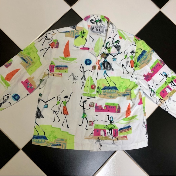 Vintage Jackets & Blazers - Vintage 90s Keren Hart Colorful AOP Funky Lady Button Down Utility Denim Jacket